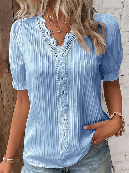 Cuello en V Encaje Liso Camisa Elegante - Compre 3 envío gratis