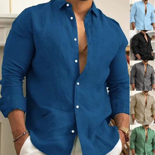 Camisa de lino y algodón de color liso para hombre (oferta por tiempo limitado)