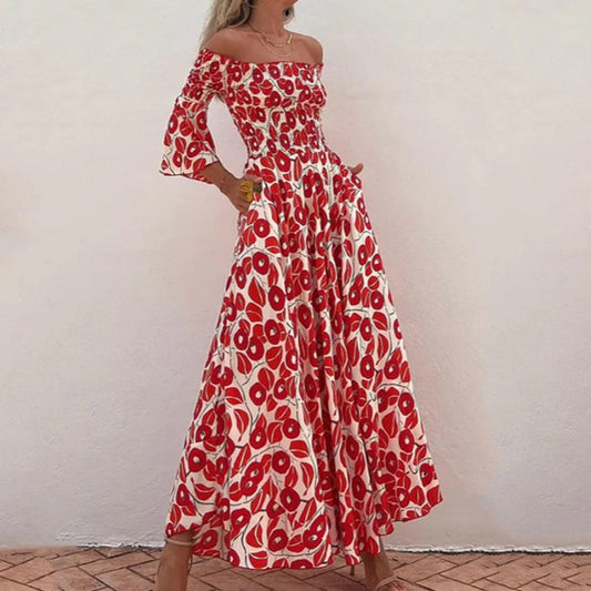 💕VENTA CALIENTE 2024💕Vestido largo floral con hombros descubiertos y mangas acampanadas