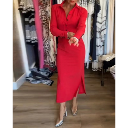 ✨Nuevo Producto✨Mujer sexy rojo rojo vestido de solapa de manga