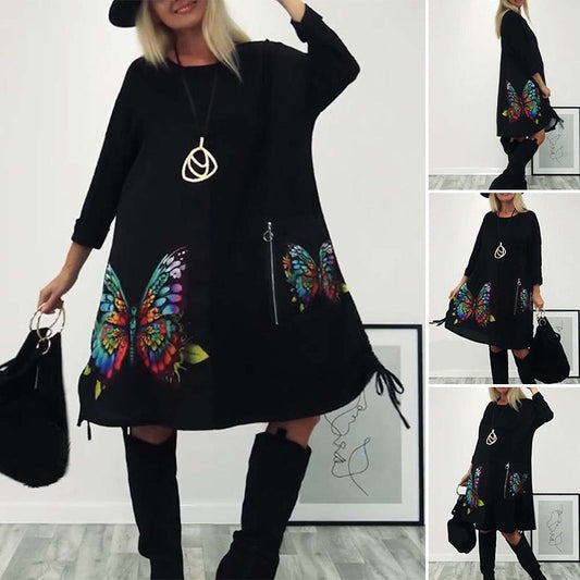 ✨️Vestido holgado de cuello redondo con estampado de mariposas para mujer👗